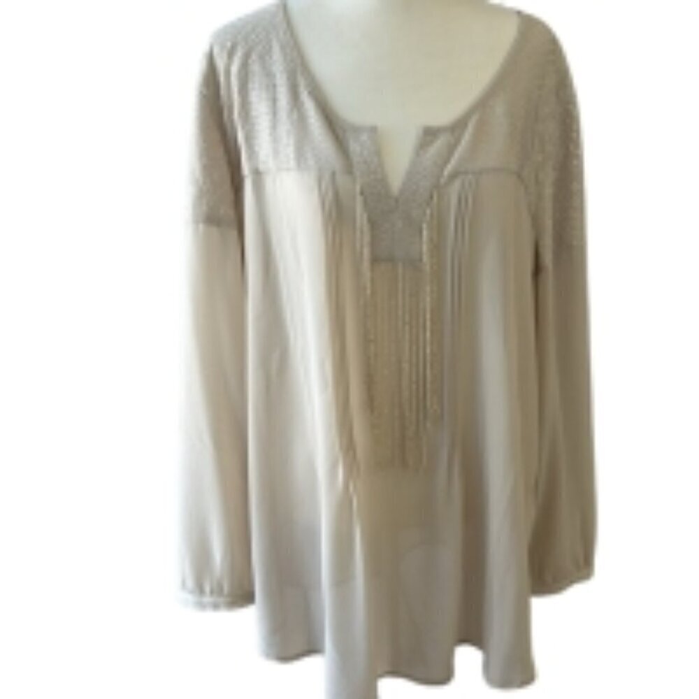 Chico’s NWT Crème Tan V-Neck Blouse Sz 3 | Beaded Fringe Accent Top
